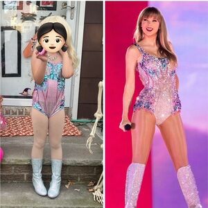 Taylor Swift Lovers Era Halloween Costume Age 6/7 boots, bodysuit, coat